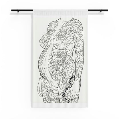 Sheer Curtain — Intricate Dragon Tattoo Silhouette Window Panel
